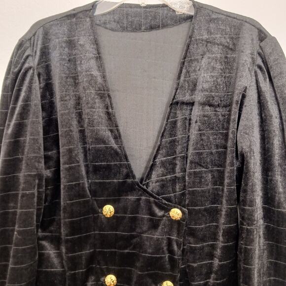 Velvet Jacket BLACK Blazer GOLD BUTTONS Deep V-neck Front Puff Shoulders Pockets - Picture 14 of 16